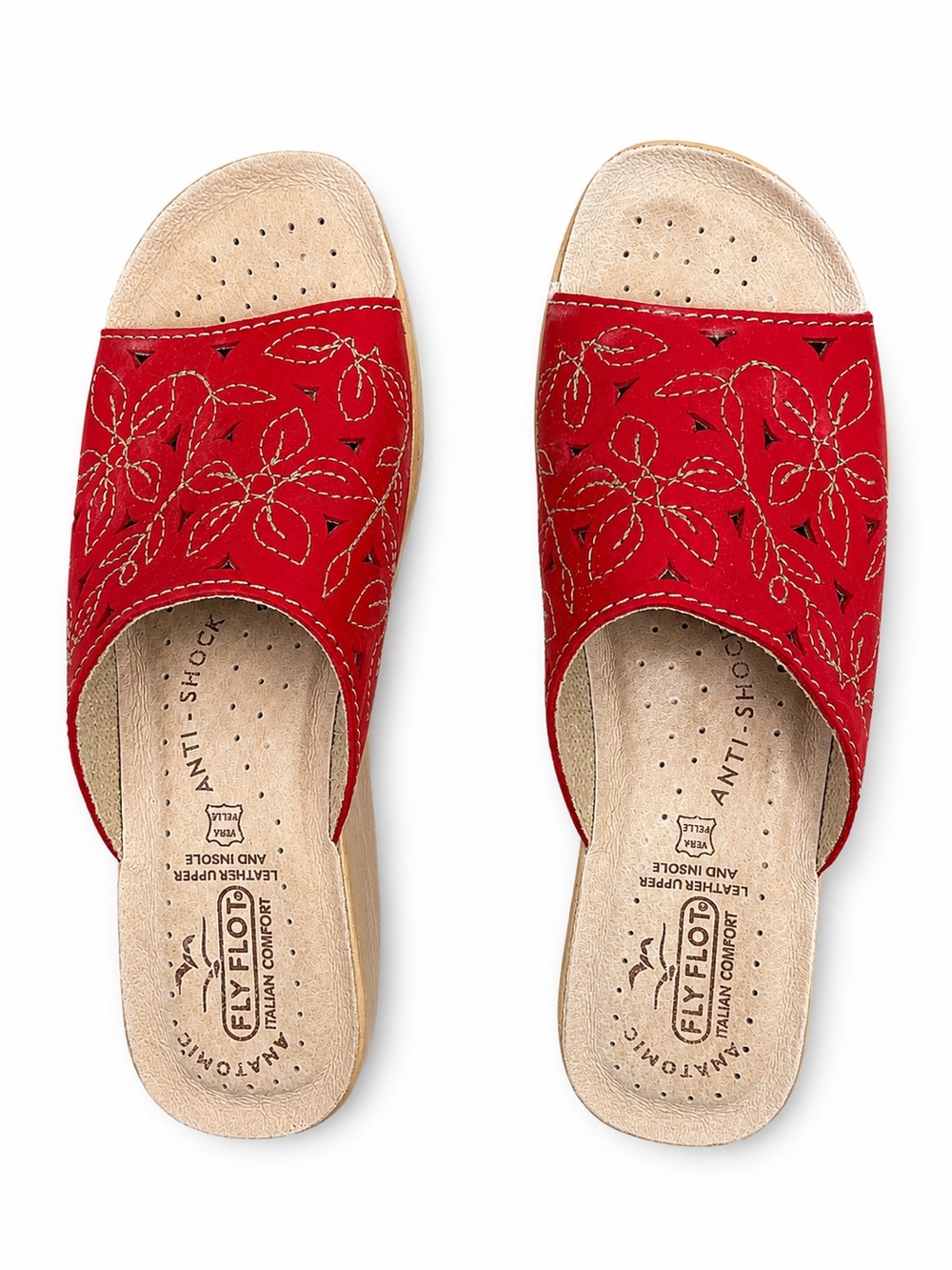Fly Flot Italian Comfort Red Leather Floral Cutout Wedge Slide Sandals